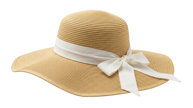 Straw sun hat with white ribbon bow on black background straw hat wide brim hat