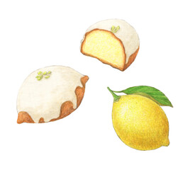 レモンケーキとレモン　水彩色鉛筆イラスト