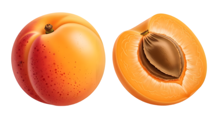 Apricot fruit with one cut in half showing pit