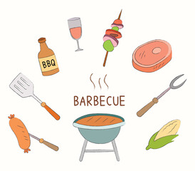 BBQ doodle vector isolated cartoon. Clip art of meat, sausage, barbecue, corn, for new year greeting card, design, asset, icon, restaurant