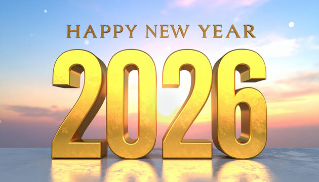 Happy New Year 2026 Golden Numbers on Sunrise Background