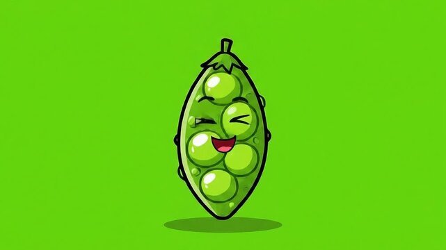 Adorable Cartoon Pea Pod Character Winking and Smiling on a Vibrant Green Screen Background