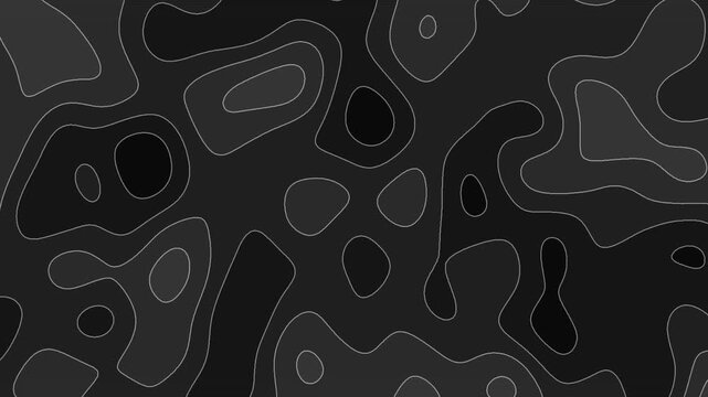 Abstract Black Topographic Map Background with Minimalist Gray Contour Lines and Dark Fluid Organic Shapes
