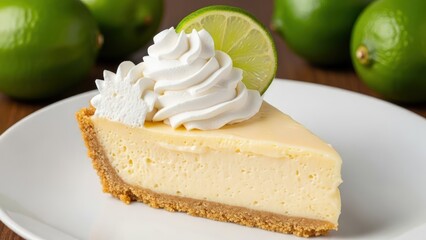 Slice of creamy lime pie with whipped cream and a lime wedge on a white plate, fresh limes in background
