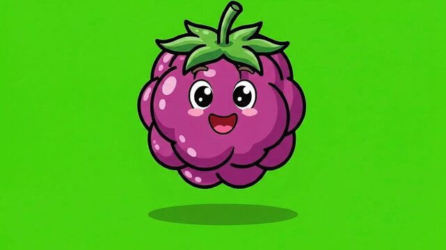 Cute Purple Raspberry Character Waving Hello On A Green Screen Background