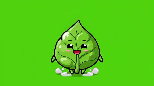 Charming Pixel Art Leaf Character Joyfully Dancing on a Vibrant Green Screen Background