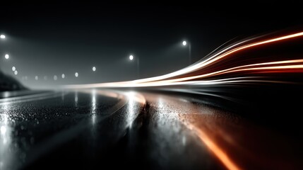 Long exposure shot of a wet, reflective road with streaking headlights at night