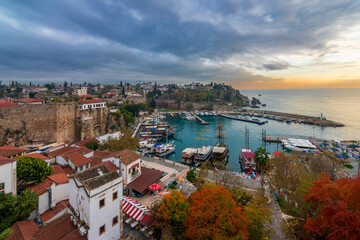 Ships in the old harbour in Antalya (Kaleici), Turkey. Old town of Antalya is a popular Tourist destination in Turkey.