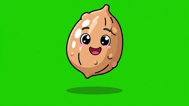 Cute Cartoon Peanut Character Smiling Joyfully on a Vibrant Green Screen Background Detailed Pixel Art