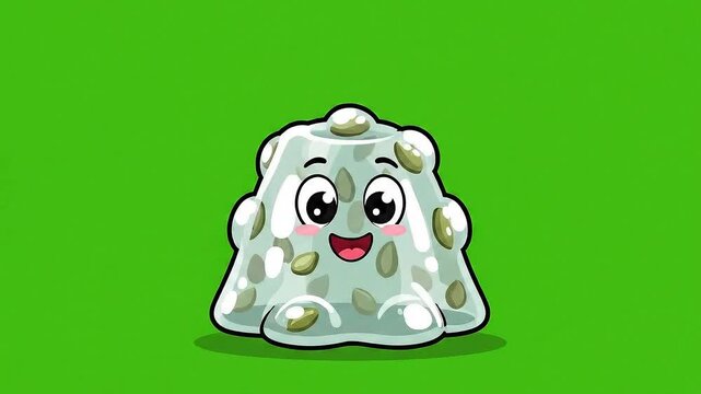 Cute Pixel Art Gelatinous Creature with Seeds Isolated on Green Screen Background