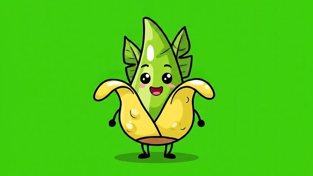 Animated happy cartoon corn character with big eyes and smiling mouth in a yellow husk isolated on a green background
