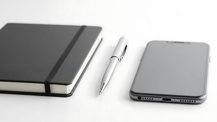 A sleek silver pen rests beside a black notebook and a modern smartphone on a white surface