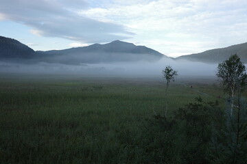 夏の終わり、朝焼けに染まる尾瀬ヶ原の湿原。