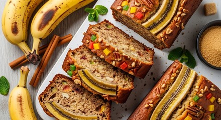 Freshly baked banana bread with nuts and fruits