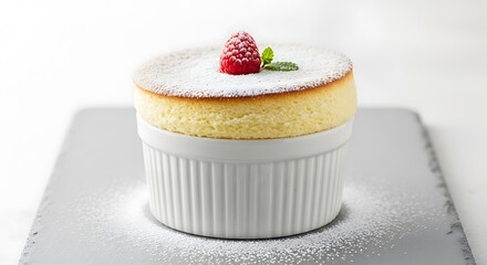 Delightful raspberry souffl&eacute; in white ramekin