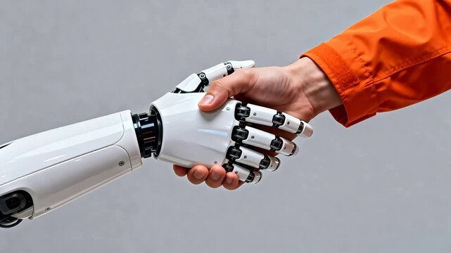 Human hand shaking with robotic hand