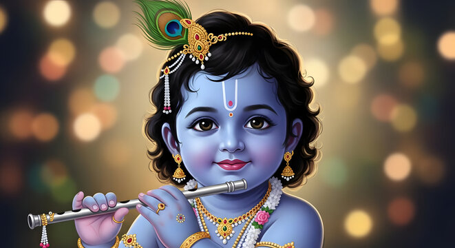 Adorable Little Krishna Holding Flute - Divine Bal Krishna Digital Art Illustration with Bokeh Background