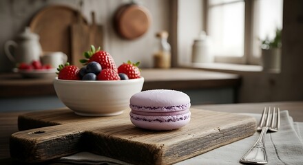 Delicious macaron and fresh berries on a rustic table