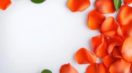 Vibrant orange petals scattered gracefully on clean white background creating minimalist and elegant floral arrangement.