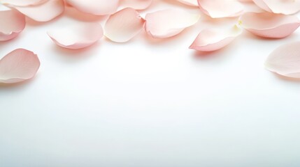Delicate vibrant pink floral petals artfully arranged and scattered on a crisp clean white background.