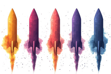 Set of colourful firework rockets isolated on transparent background