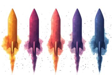 Set of colourful firework rockets isolated on transparent background