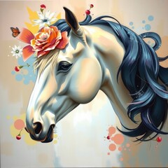 acrylic painting A black silhouette vector illustration of a fantasy woman's face with flowing hair and flower patterns merged with a horse head in a beauty tattoo art design symbol