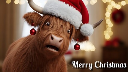 Highland cow wearing santa hat