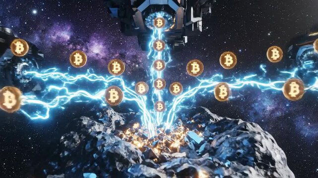 Bitcoin transactions illuminating a futuristic landscape with cryptocurrency symbols and digital effects in high definition 4K 60fps upscaled video