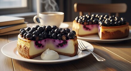 Delicious blueberry cheesecake with coffee