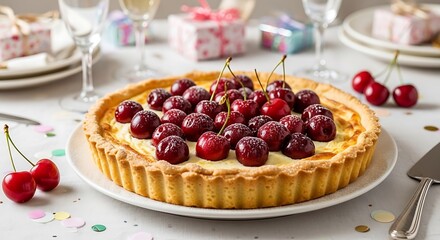 Fresh cherry tart on a celebratory table
