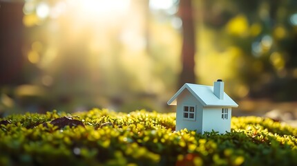 Tiny white house with chimney on mossy ground, bright sunflare through forest trees, side view. Residential finance 
