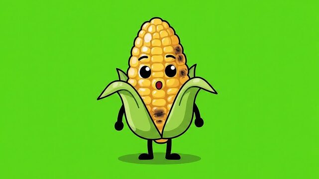 Cute Pixel Art Corn Character With Happy Expression Standing On Green Screen Background Isolated