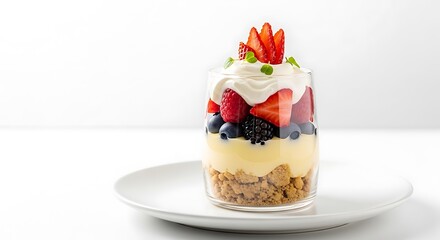 Layered fruit and cream dessert in glass