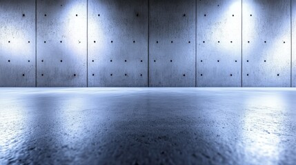 Dramatic industrial concrete room interior with artificial illumination creating captivating light and shadow effects.