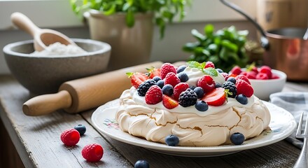Fresh berry topped pavlova on wooden table