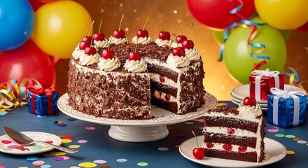 Celebratory chocolate cake with cherries