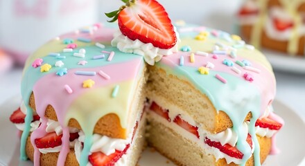 Delightful strawberry layer cake with pastel icing