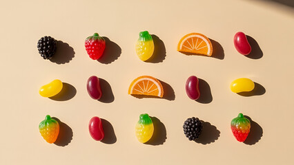 Colorful fruit-shaped jelly candies artistically arranged on a soft beige background