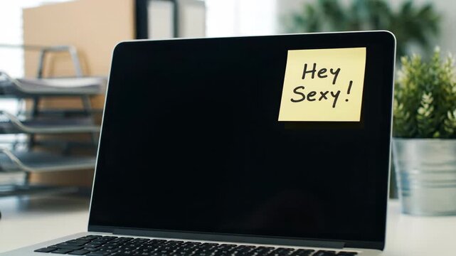 Laptop on a desk displaying a note with text Hey Sexy in a modern office setting with plants, organizers and bright lights.