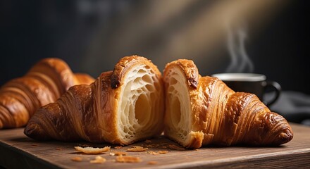 Freshly baked croissants on a wooden board
