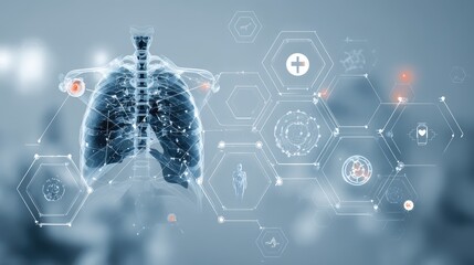 Futuristic Illustration of Human Lungs with Digital Health Icons and Medical Data Visualization