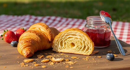 Freshly baked croissants with strawberry jam