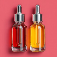 Two Glass Dropper Bottles With Red and Yellow Liquids serum cosmetic