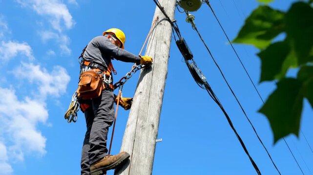 A lineman wearing a gray uniform and yellow helmet repairs wires on a wood pole set against a clear blue sky, with tree branches framing the background.
