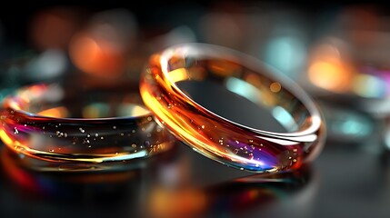 Two Glass Rings with Colorful Light Reflections and Bubbles wedding rings engagement rings