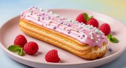 Delightful raspberry eclair on a pink plate