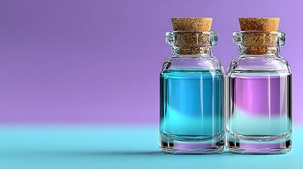 Two Small Glass Bottles With Blue and Purple Liquids cork