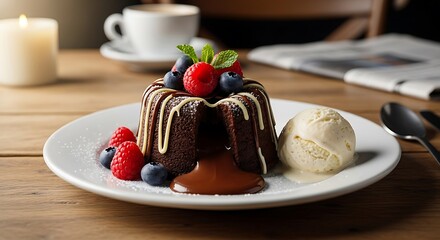 Delicious chocolate cake with ice cream and berries