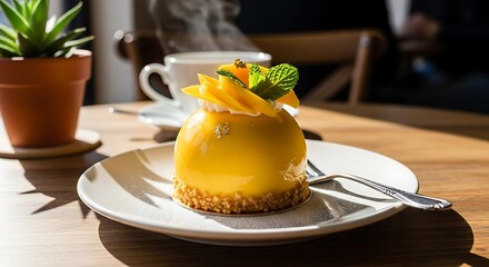 Delicious lemon mousse dessert on a plate
